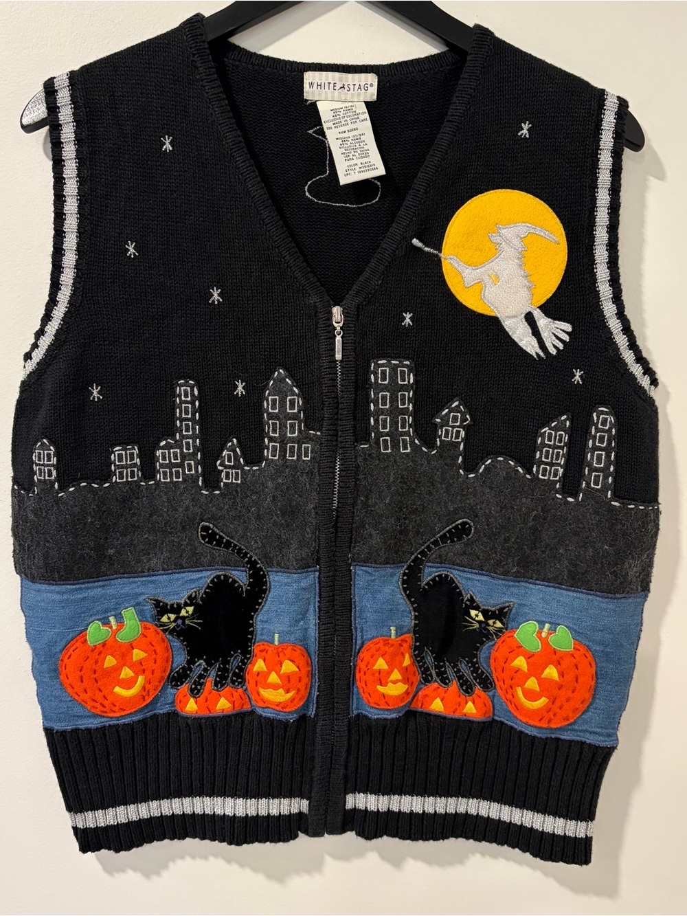 Vintage White Stag Halloween ramie sweater Vest Black Cat Witch Zip Up medium